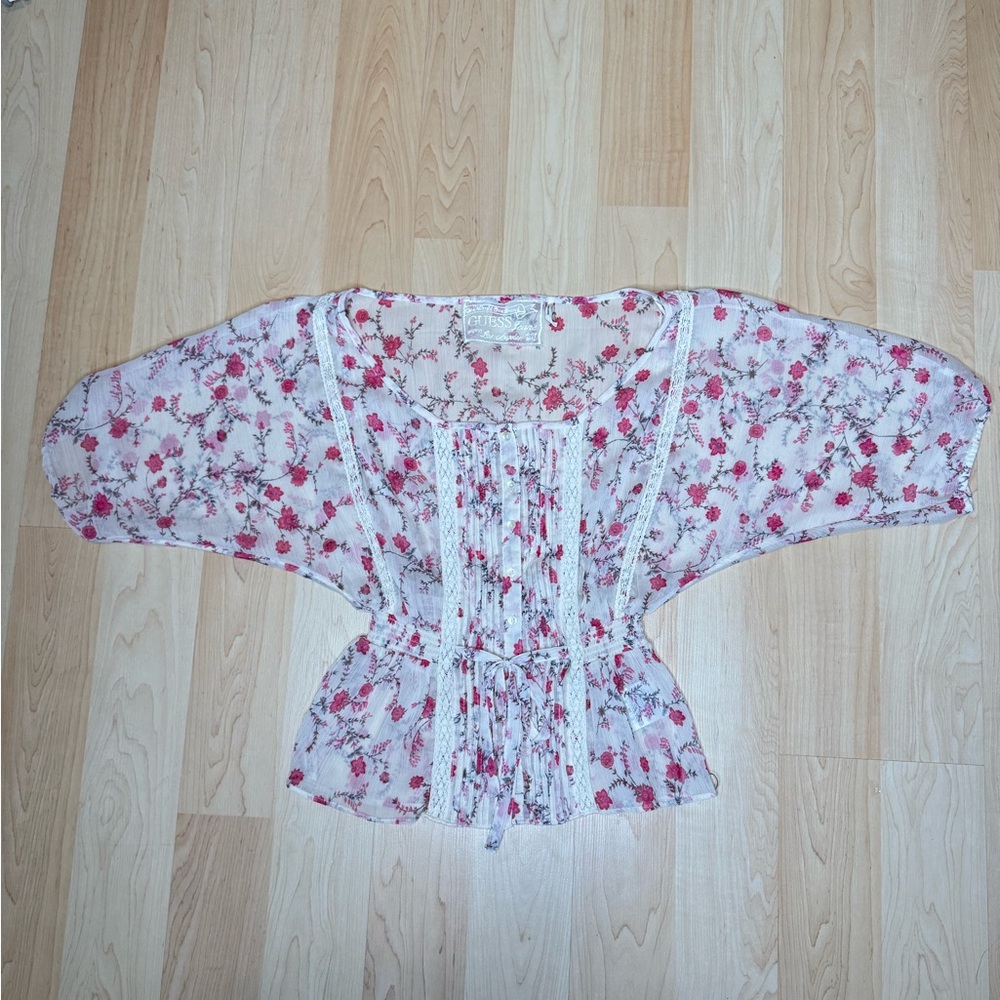 Guess White and Pink Smocked Peplum Blouse